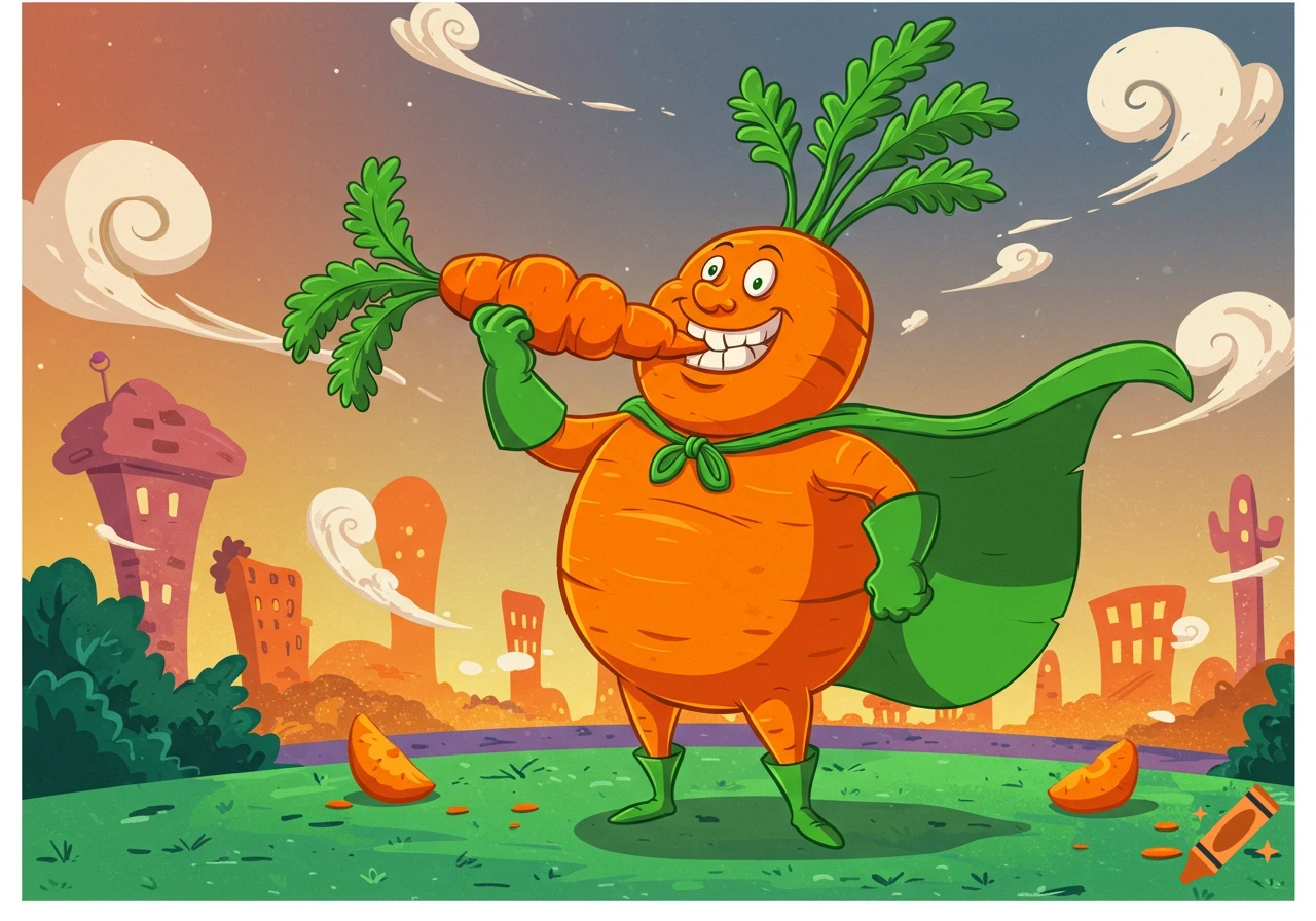 A goofy cartoon superhero carrot, with a green cape and gloves, joyfully eats a giant carrot in a colorful city landscape.
