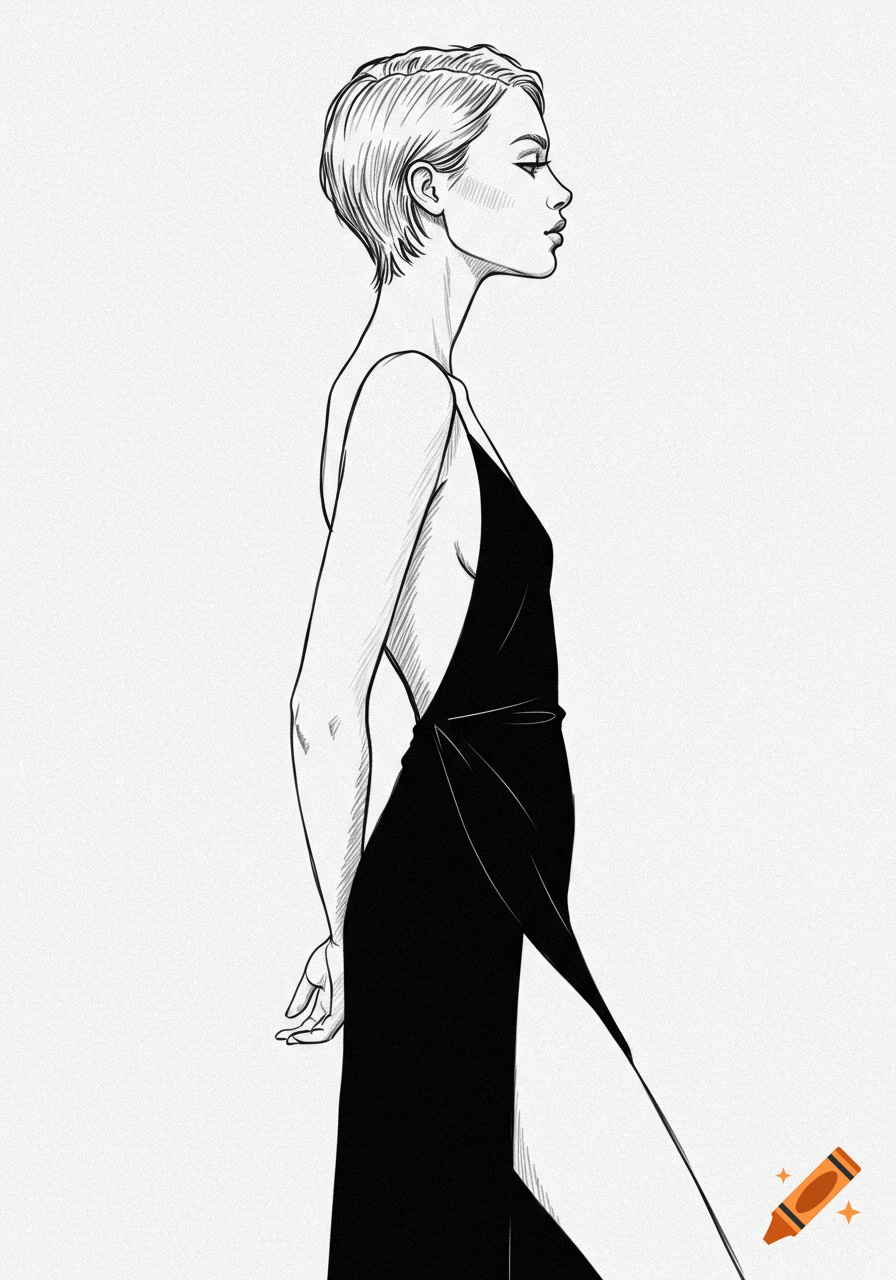 Pencil line sketch side profile of a woman with short hair wearing a black dress with a leg slit.