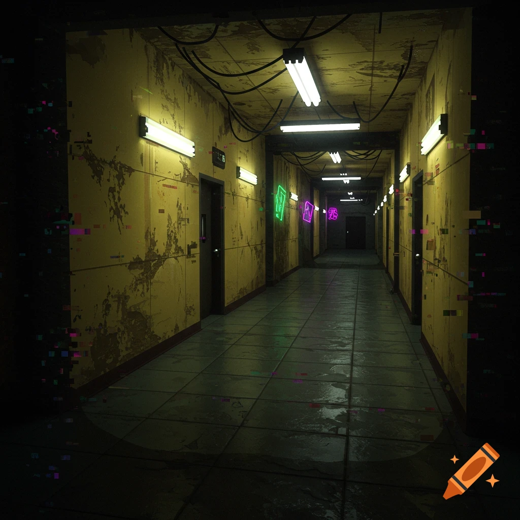 A dark, grungy hallway with peeling yellow paint, flickering fluorescent lights, exposed wires, and neon signs. Glitch art pixelation appears on the edges, depicting a liminal video game setting.