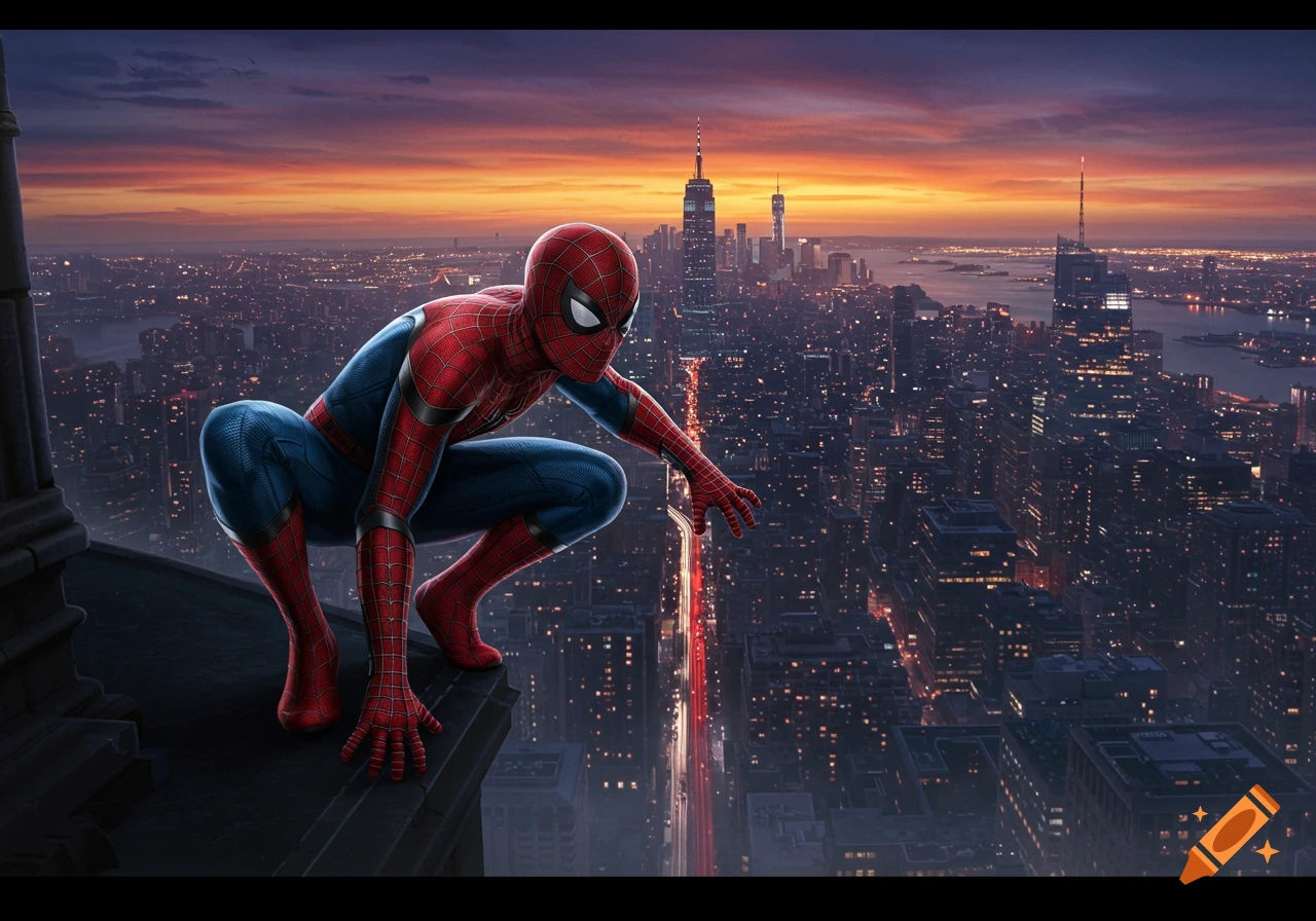 Spider-Man crouches on a skyscraper ledge, overlooking a vast city skyline at sunset.
