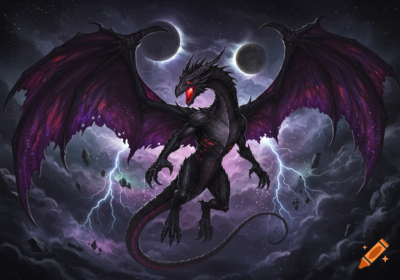 A powerful black and purple dragon with red eyes and massive wings flies through a dark, stormy cosmic sky with lightning and eclipses.