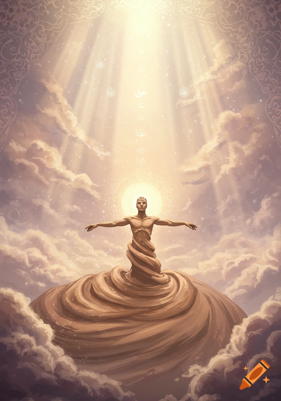 A man's upper body emerges from swirling clay on a mound, bathed in divine light and surrounded by clouds, in an Islamic art style.