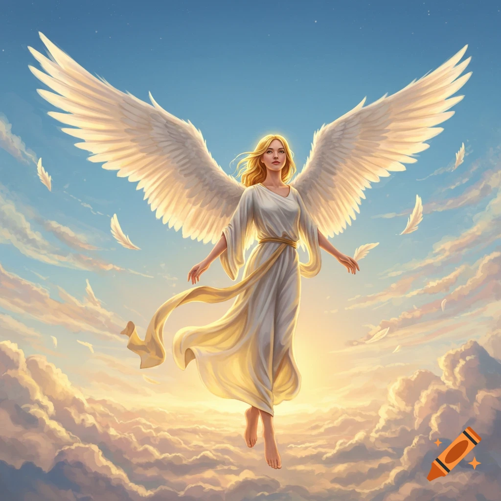 A blonde angel with large white wings and a flowing white and gold gown floats in a bright, cloudy sky.