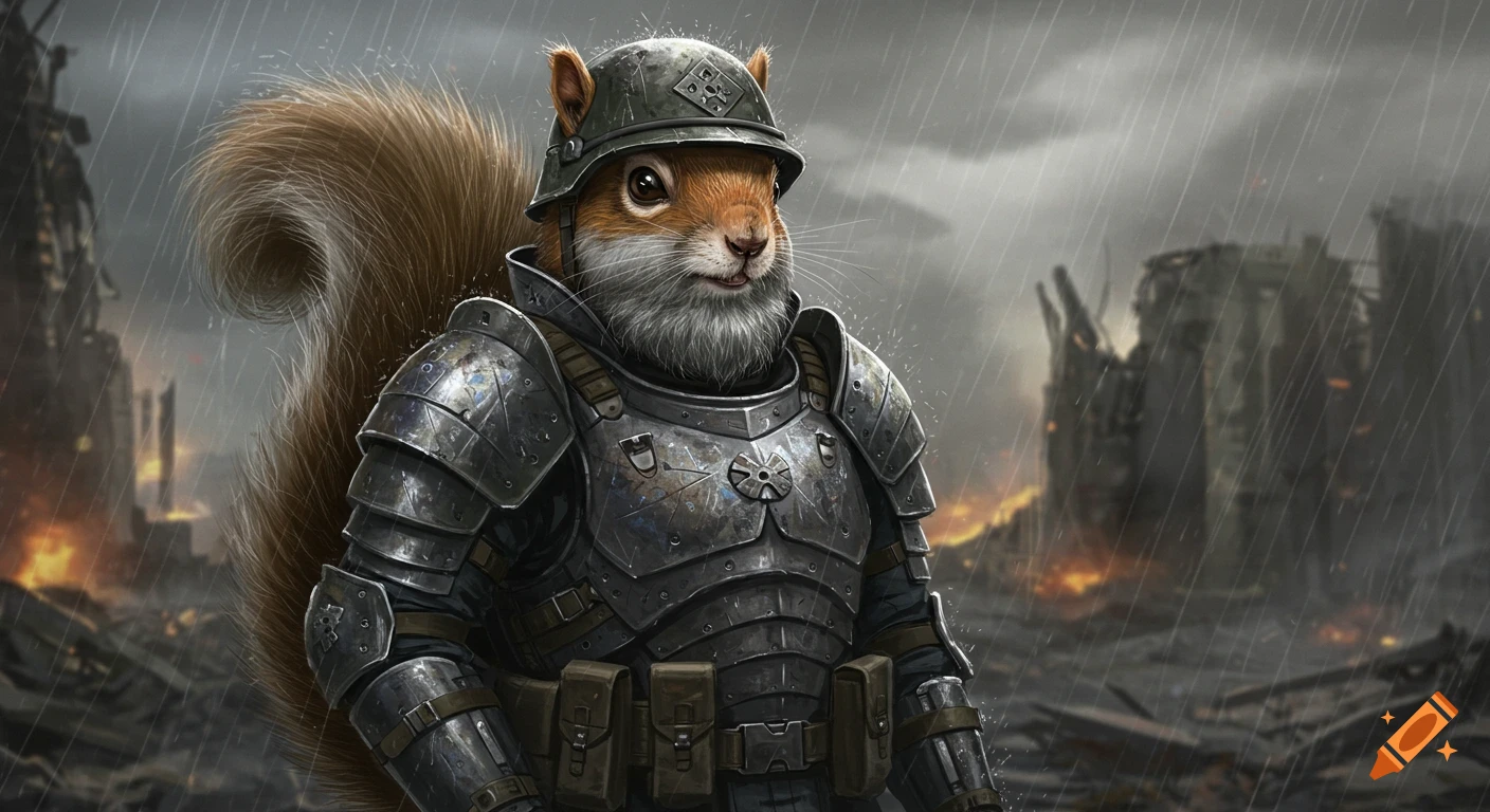 An anthropomorphic squirrel soldier in weathered metal armor and helmet with a thick grey beard, standing in a destroyed urban warzone under rain, cinematic style.