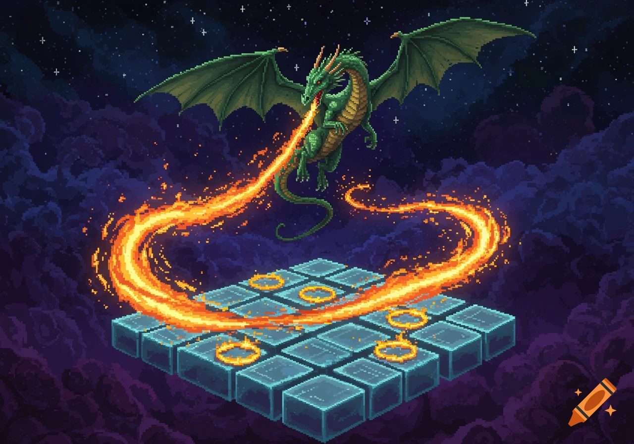 A pixel art green dragon breathing fire over a tic-tac-toe board floating in a starry, cloudy night sky.