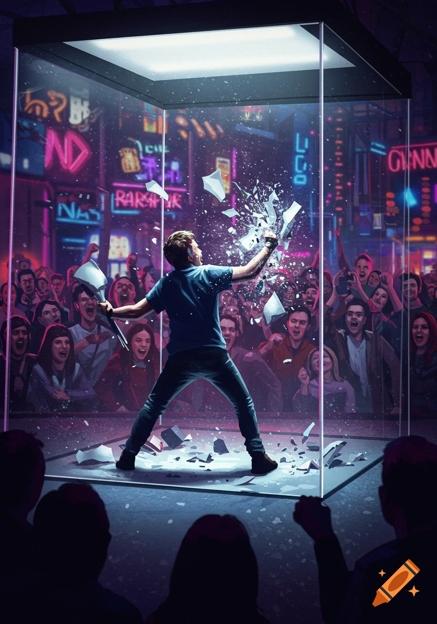 A person smashes through a glass box with a tool, surrounded by a cheering crowd in a neon-lit urban night scene.