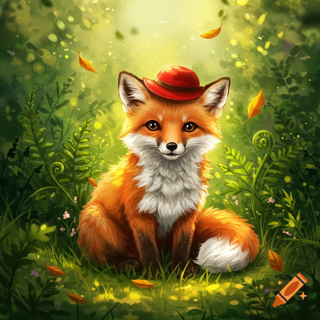A cute, orange and white fox wearing a small red hat sits in a sunny green forest with falling leaves. Illustrated style.