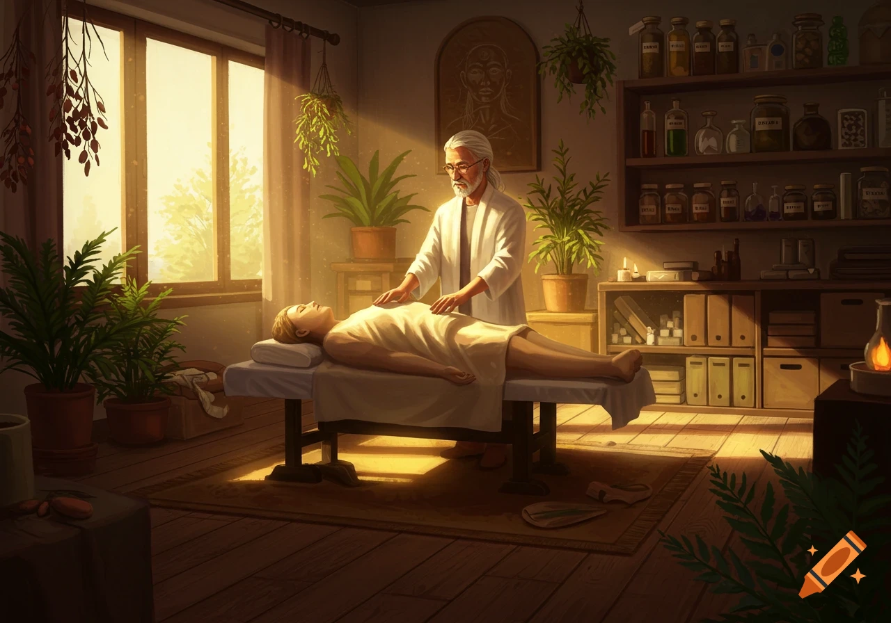 An older man performs healing touch on a person lying on a table in a sunlit room with plants and medicinal jars, digital painting.
