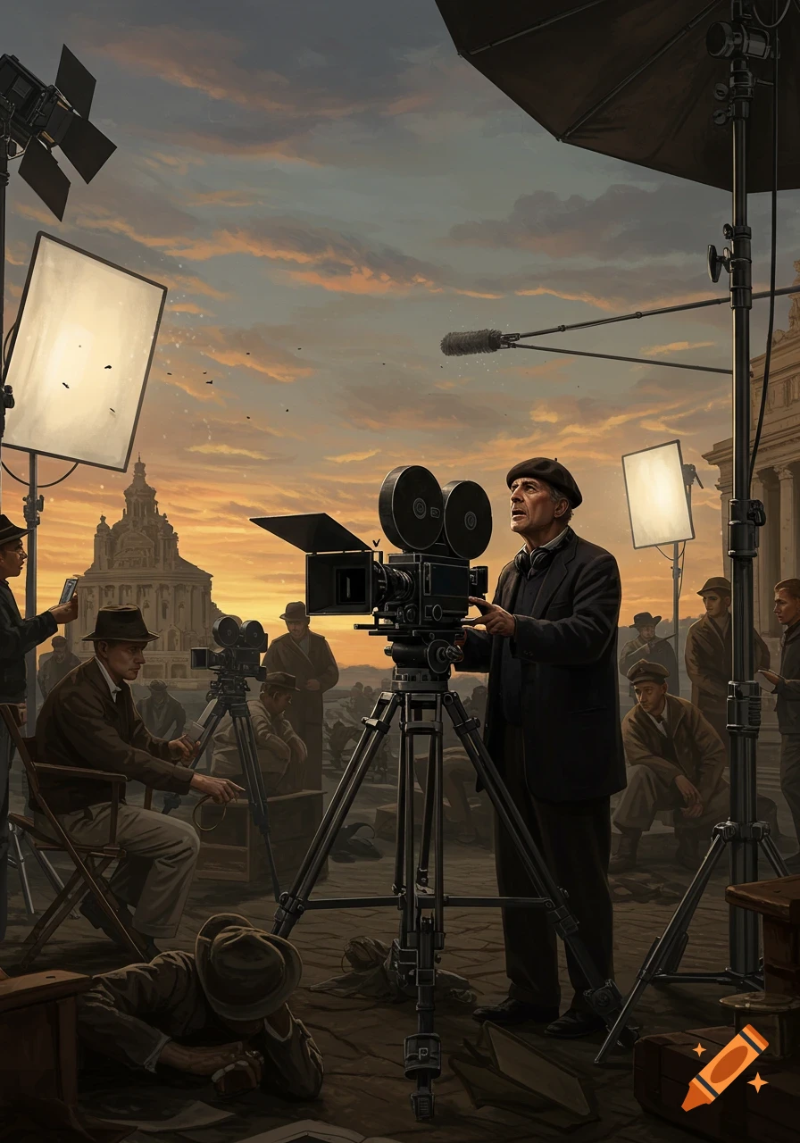 Vintage film director and crew operating a camera on an outdoor set at sunset, with buildings in the background.
