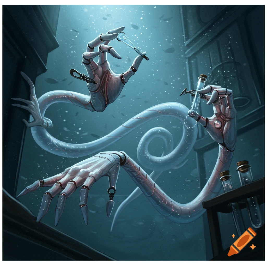 Pale, mechanical hands with long fingers hold beakers and test tubes in a dark, murky, underwater-like environment.