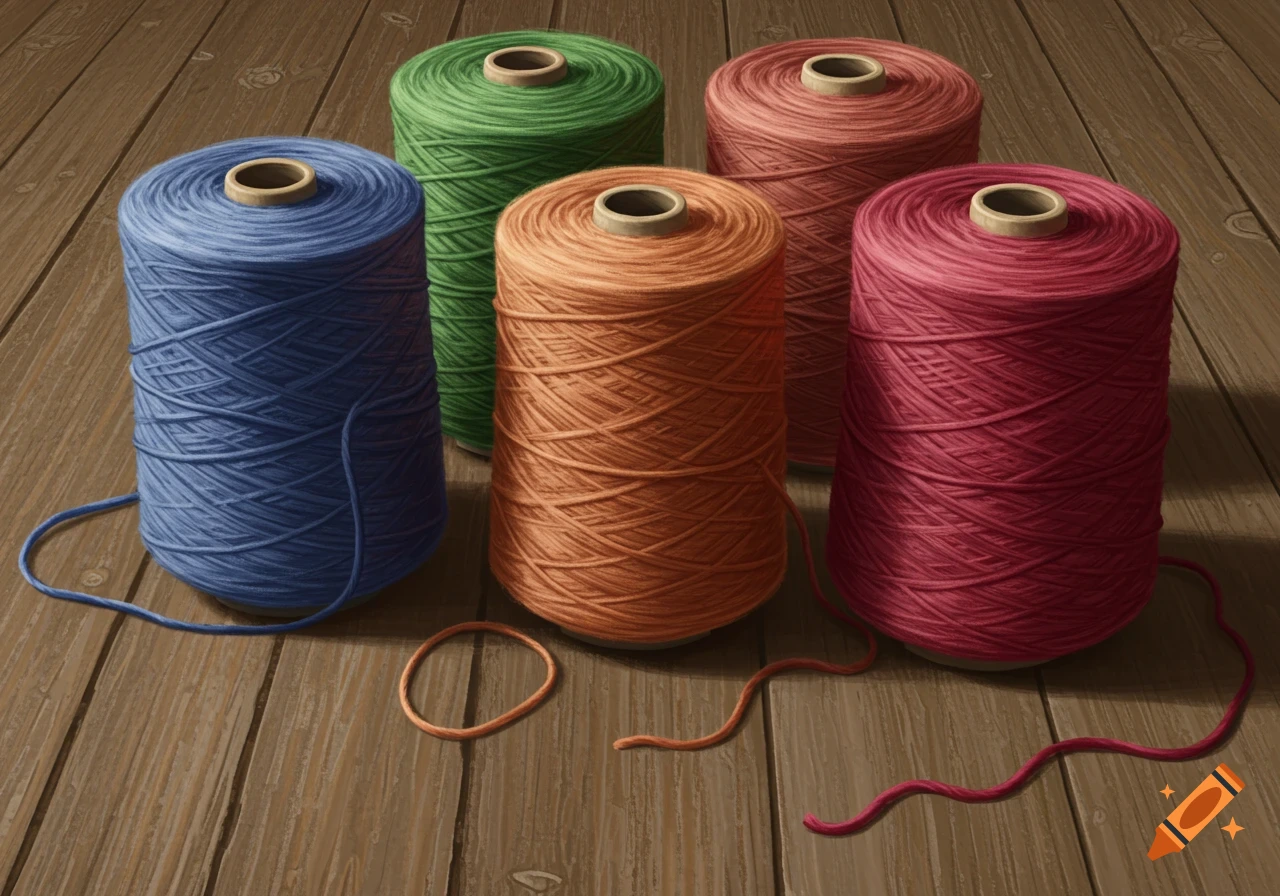 Five realistic spools of colorful yarn (blue, green, orange, red, pink) with loose threads on a wooden surface.