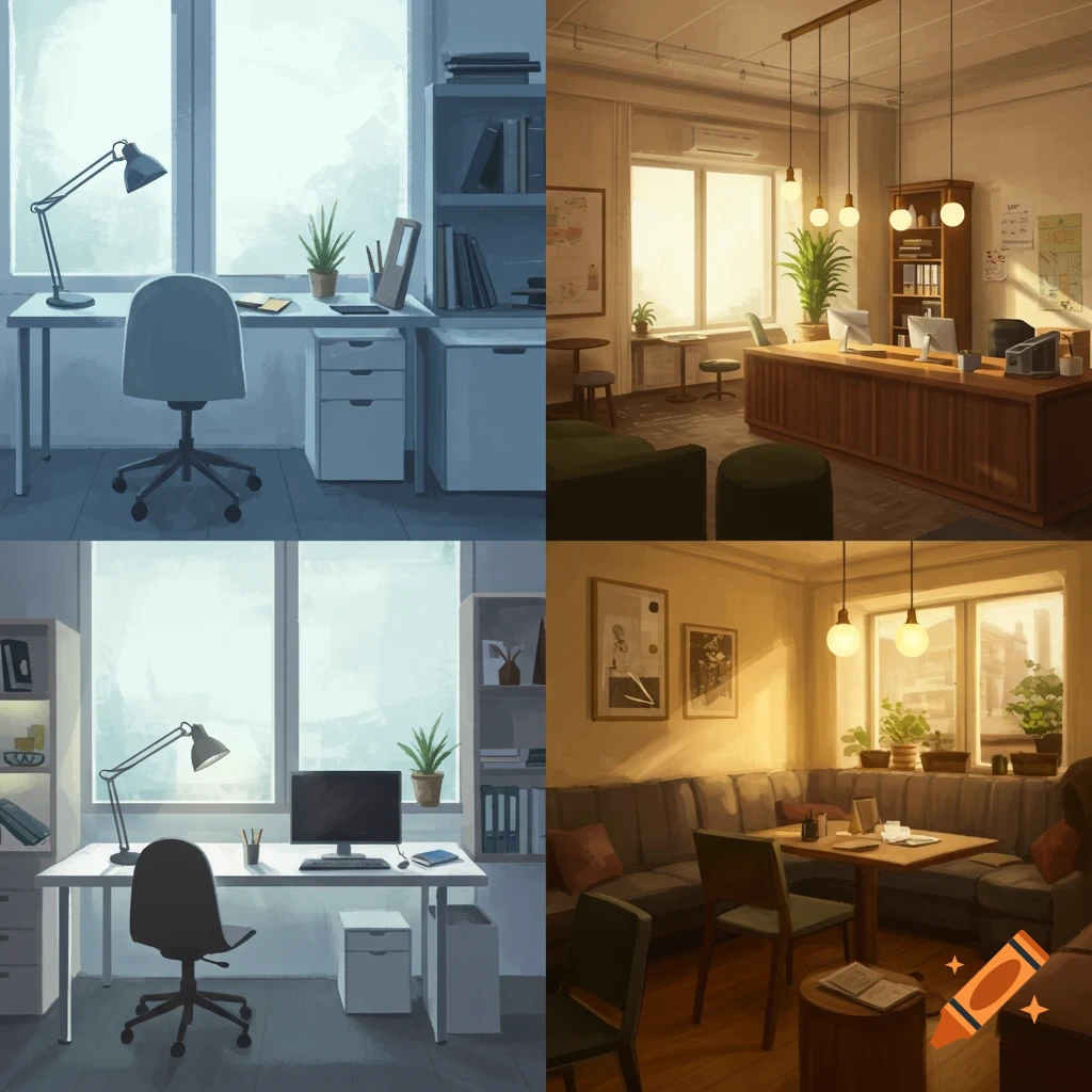Four images in a grid showing different interior spaces: two cool-toned offices, a warm-toned office, and a warm-toned lounge.