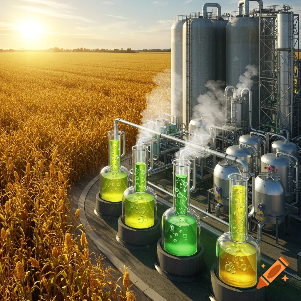 Industrial plant with silos and pipes processing golden crops into glowing green and yellow liquids in lab flasks, next to a field.