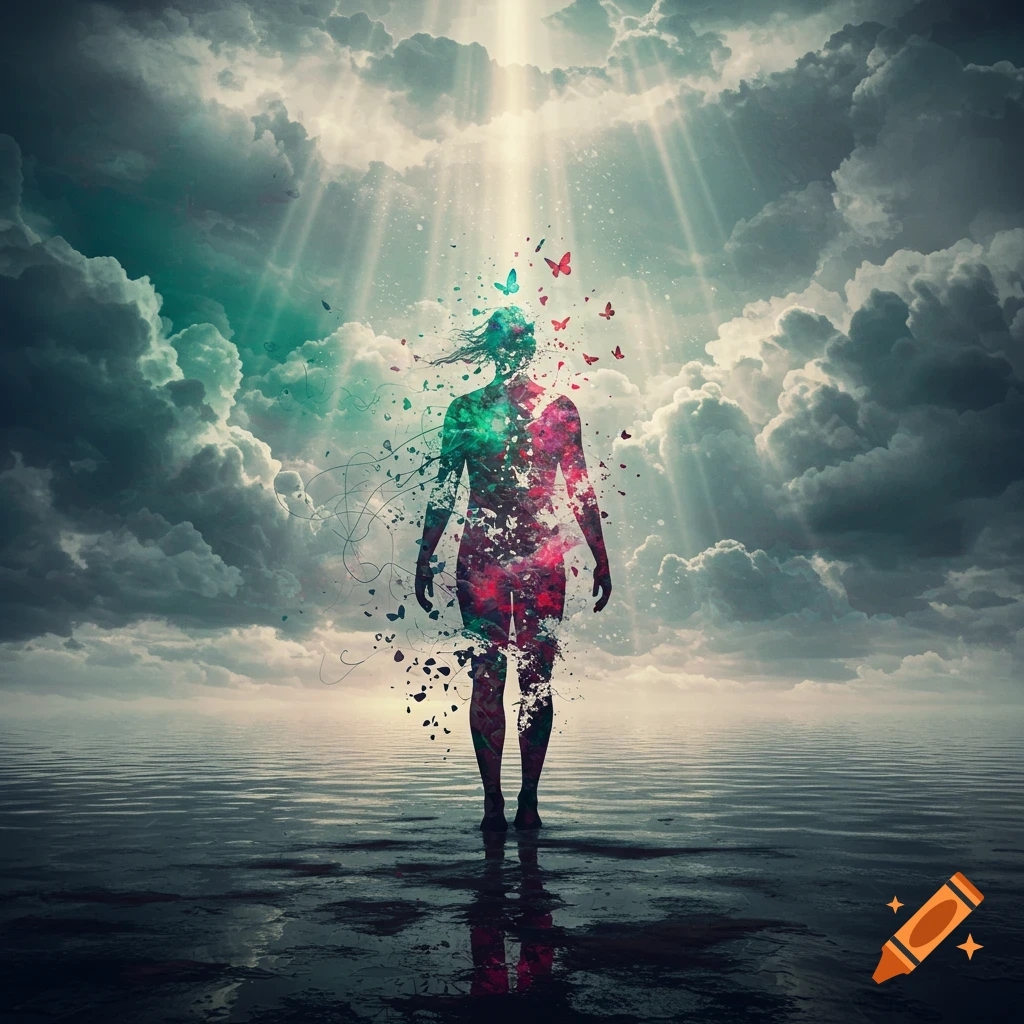 A vibrant, abstract silhouette of a person made of colorful particles standing in calm water under a dramatic sky with light rays.