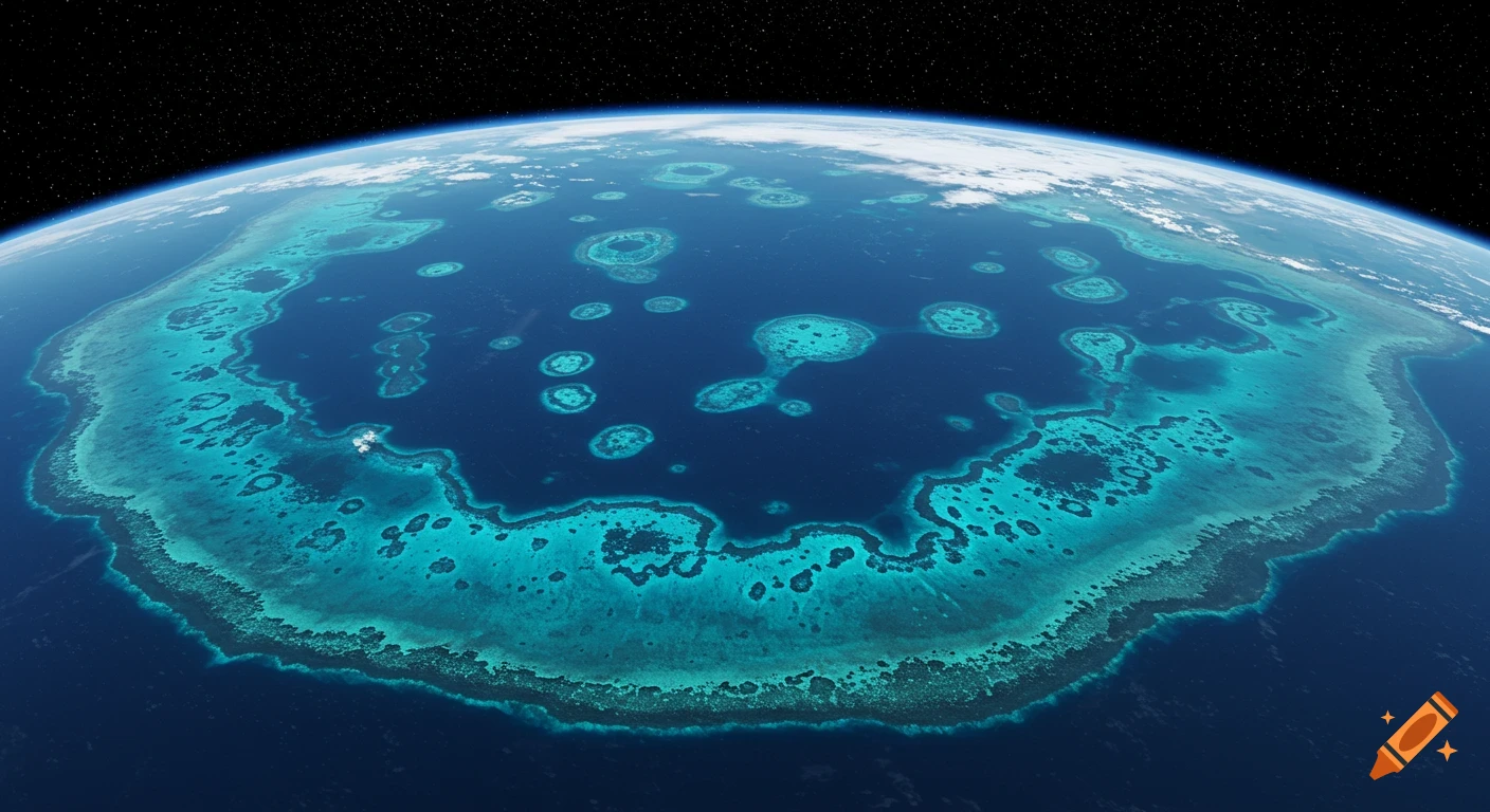 Aerial view of Earth's curved horizon with vibrant blue and turquoise coral reefs visible in the ocean against a starry black sky.