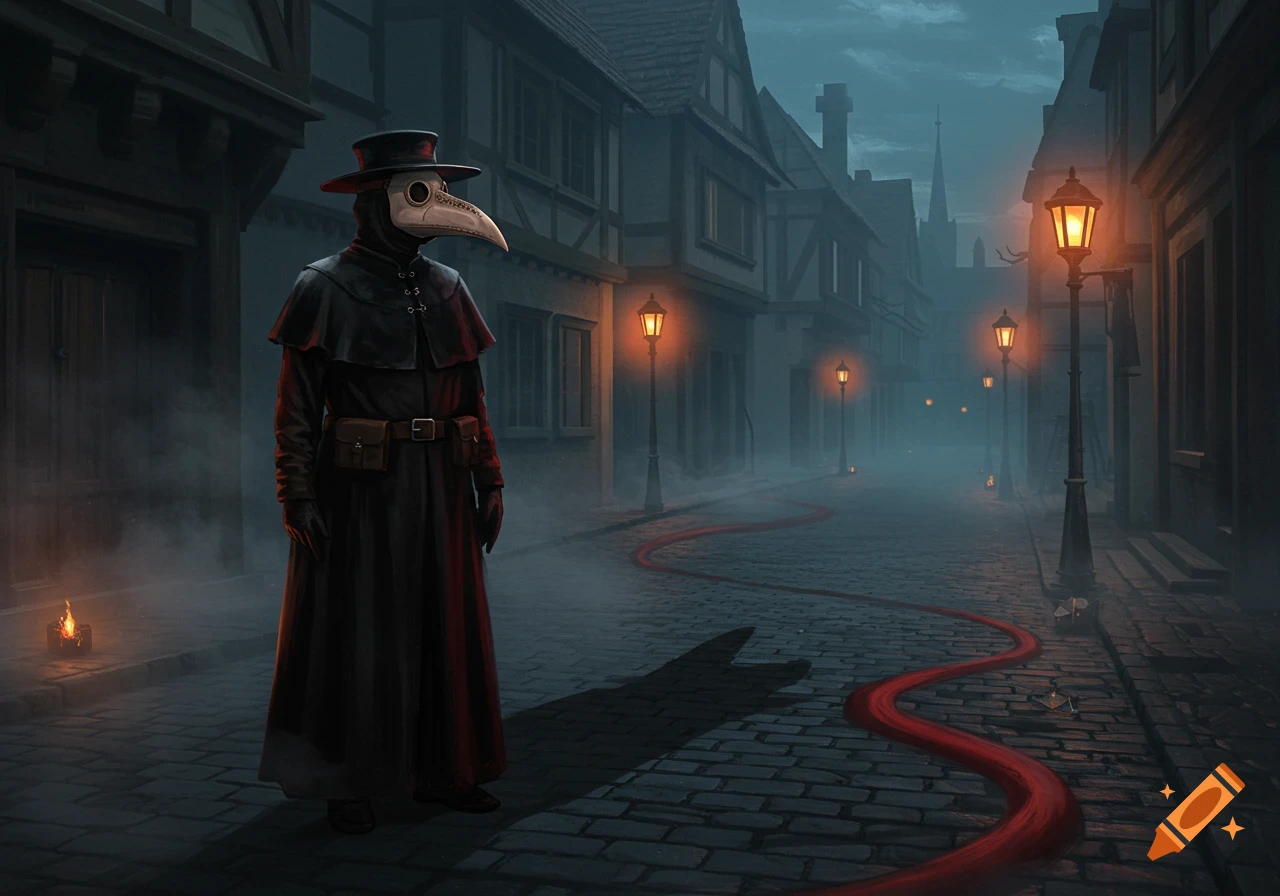 A plague doctor in a dark coat and beak mask stands on a foggy cobblestone street with a red trail and glowing gas lamps.
