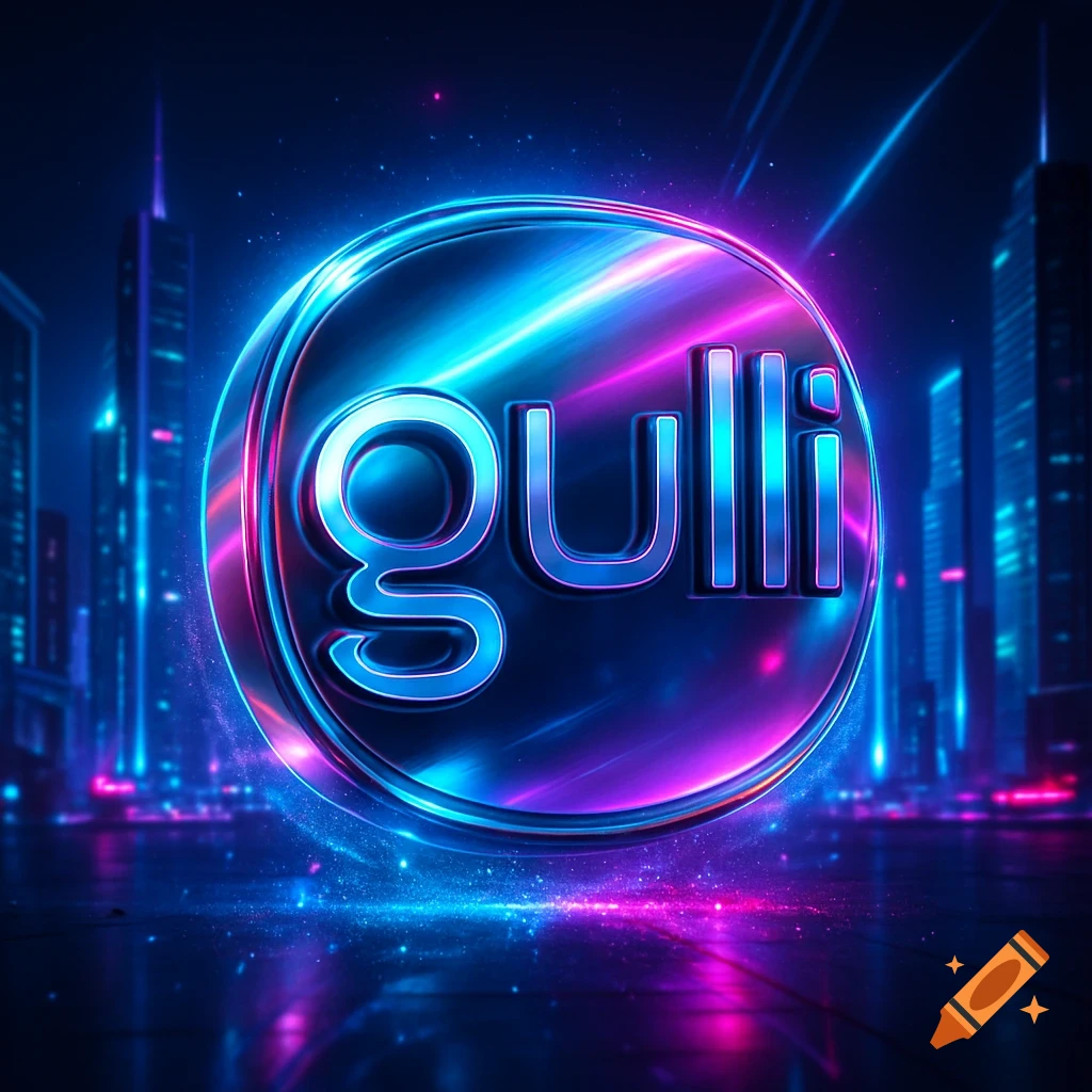 A futuristic, glowing blue and pink "gulli" logo in a metallic circle, set against a neon cityscape background.