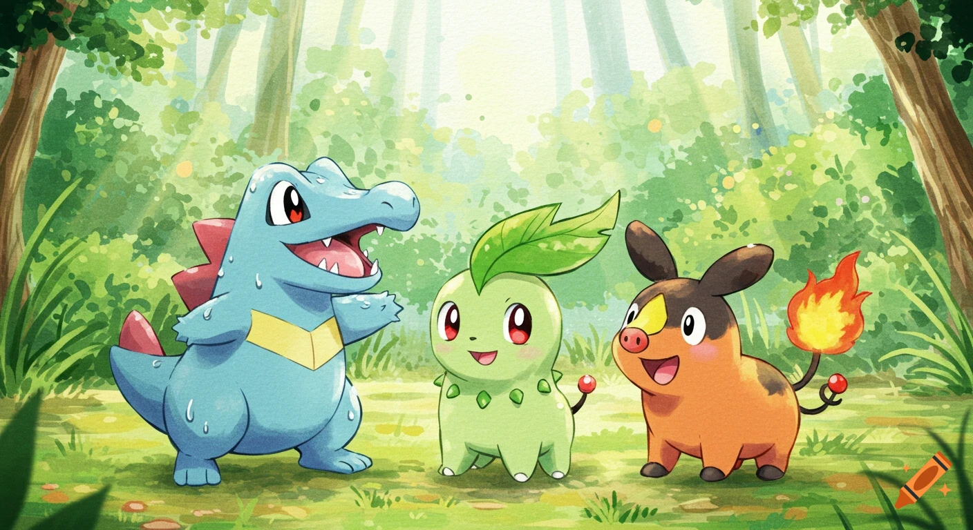 Totodile, Chikorita, and Tepig, happy in a lush green forest, in a bright watercolor art style.