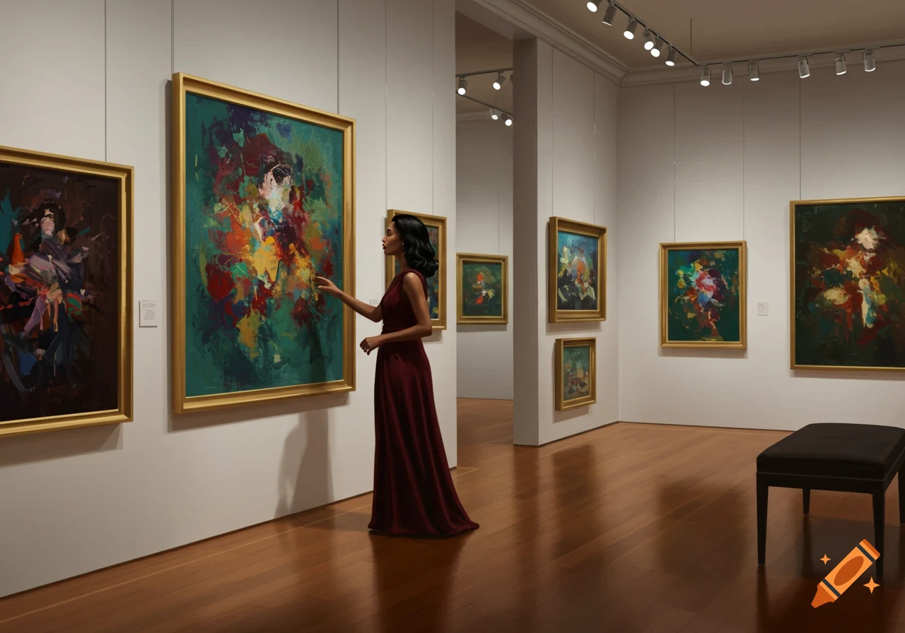 A woman in a red dress stands in an art gallery, pointing at a large abstract painting, photorealistic style.