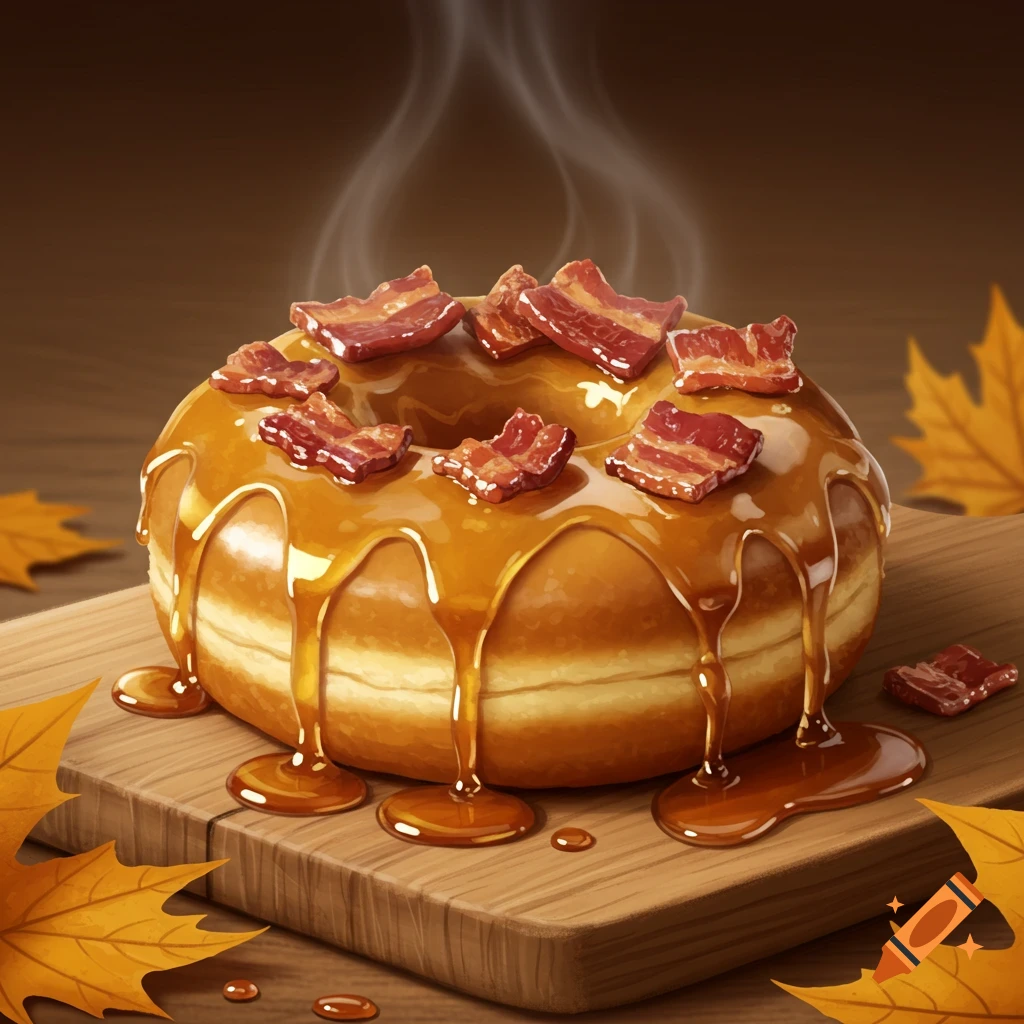A hot maple syrup glazed donut topped with crispy bacon pieces, sitting on a wooden board with autumn leaves.