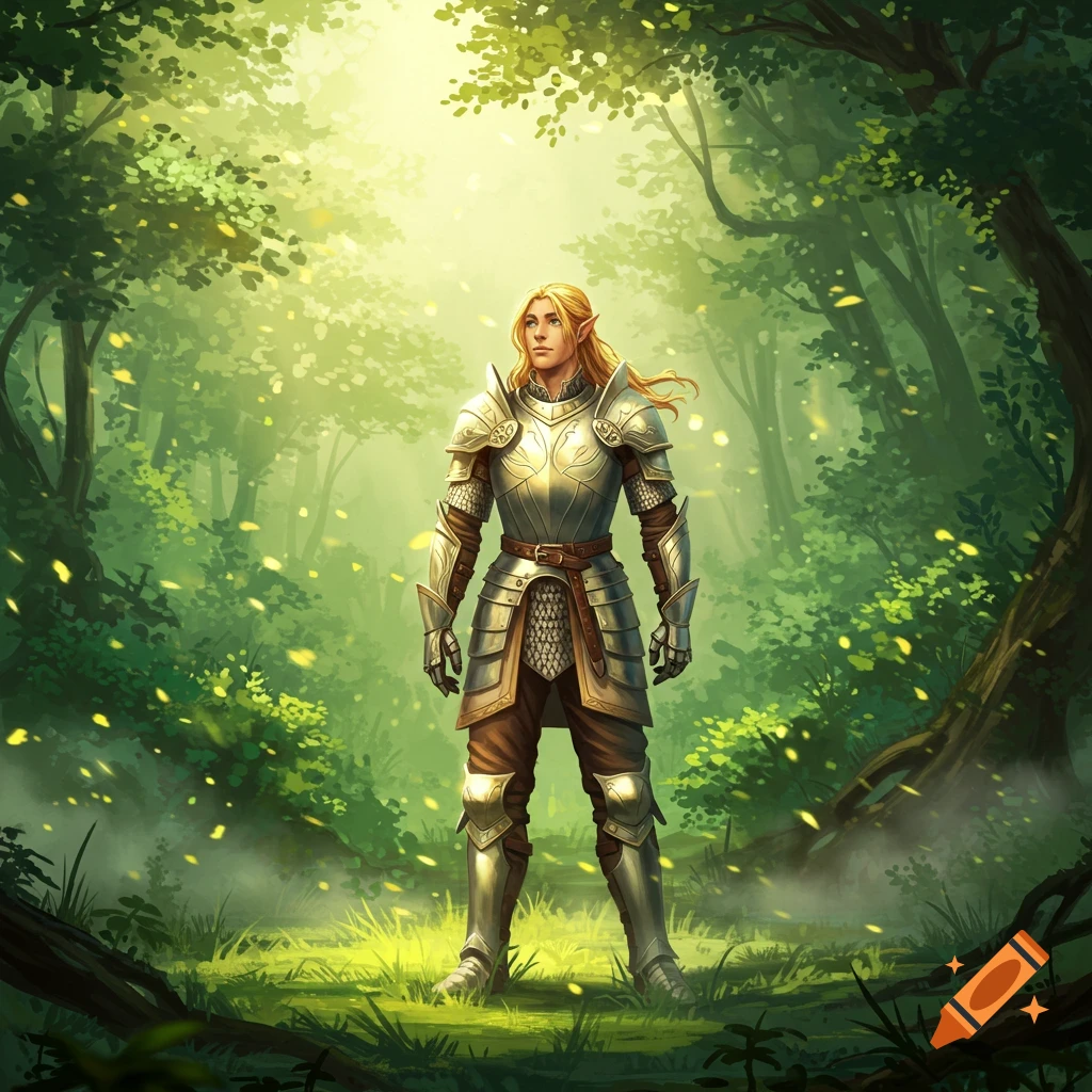 An armored, long-haired elf stands heroically in a lush, sunlit fantasy forest, digital painting.