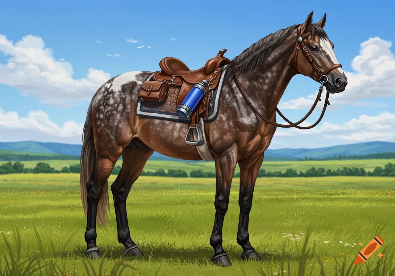 An Appaloosa horse with a brown saddle and blue cylinder stands in a green field under a blue sky.