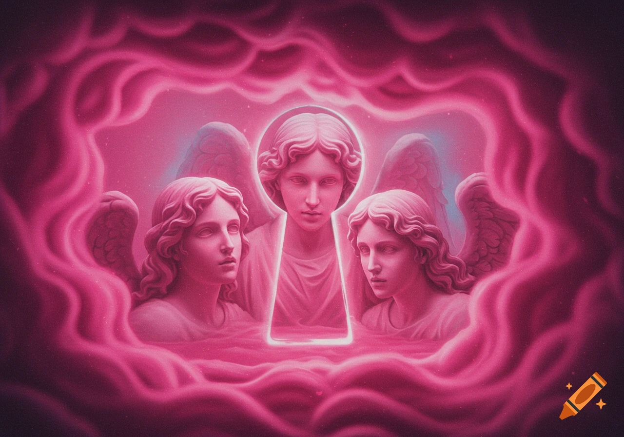 Three stylized pink angels with wings look through a keyhole, framed by swirling pink clouds in an ethereal, grainy style.