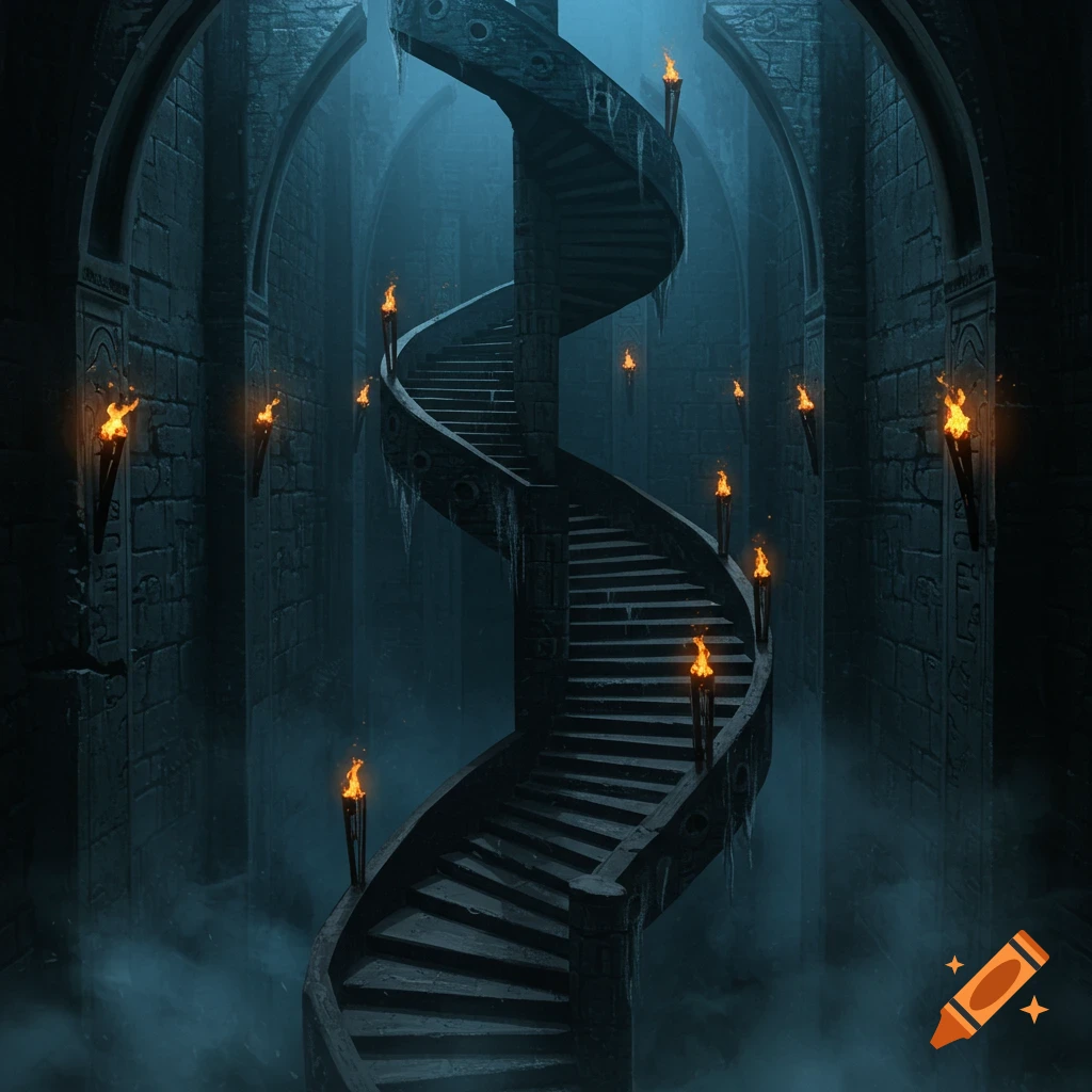 A dark, eerie spiral staircase within a labyrinth, lit by torches, with mist and icicles.