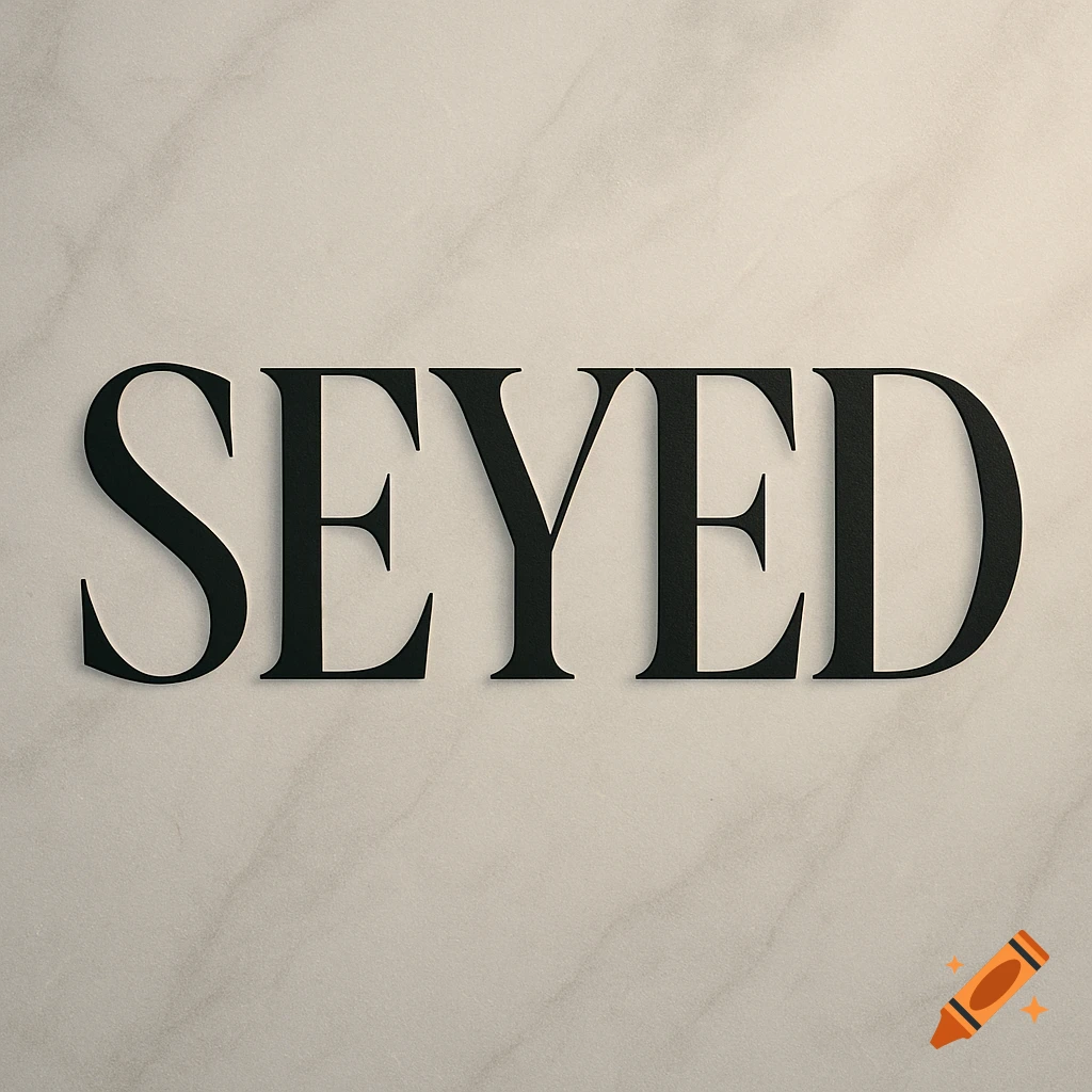 The word SEYED in black serif font with subtle shadows on a light marble background.