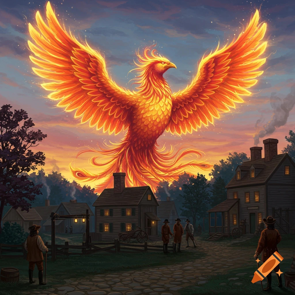 A giant, fiery phoenix spreads its wings over a 1700s American village at sunset, as villagers look up in awe.