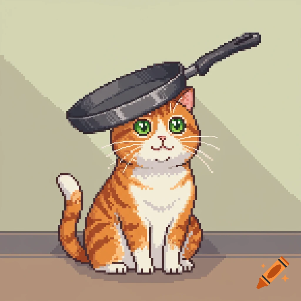 An orange tabby cat with a frying pan balanced on its head, depicted in pixel art style.