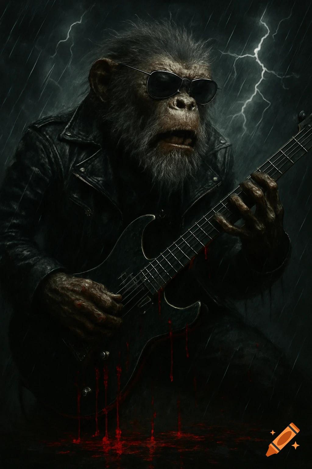 A gritty, heavy metal style image of a bearded monkey in sunglasses and a leather jacket, intensely playing an electric guitar in the rain with lightning, blood dripping from the strings.