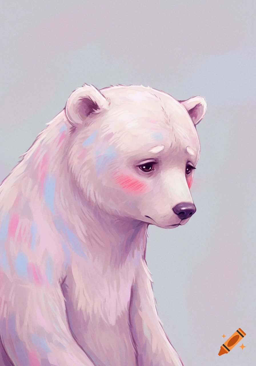 A shy-looking polar bear with pastel pink and blue fur markings, in a soft digital painting style.