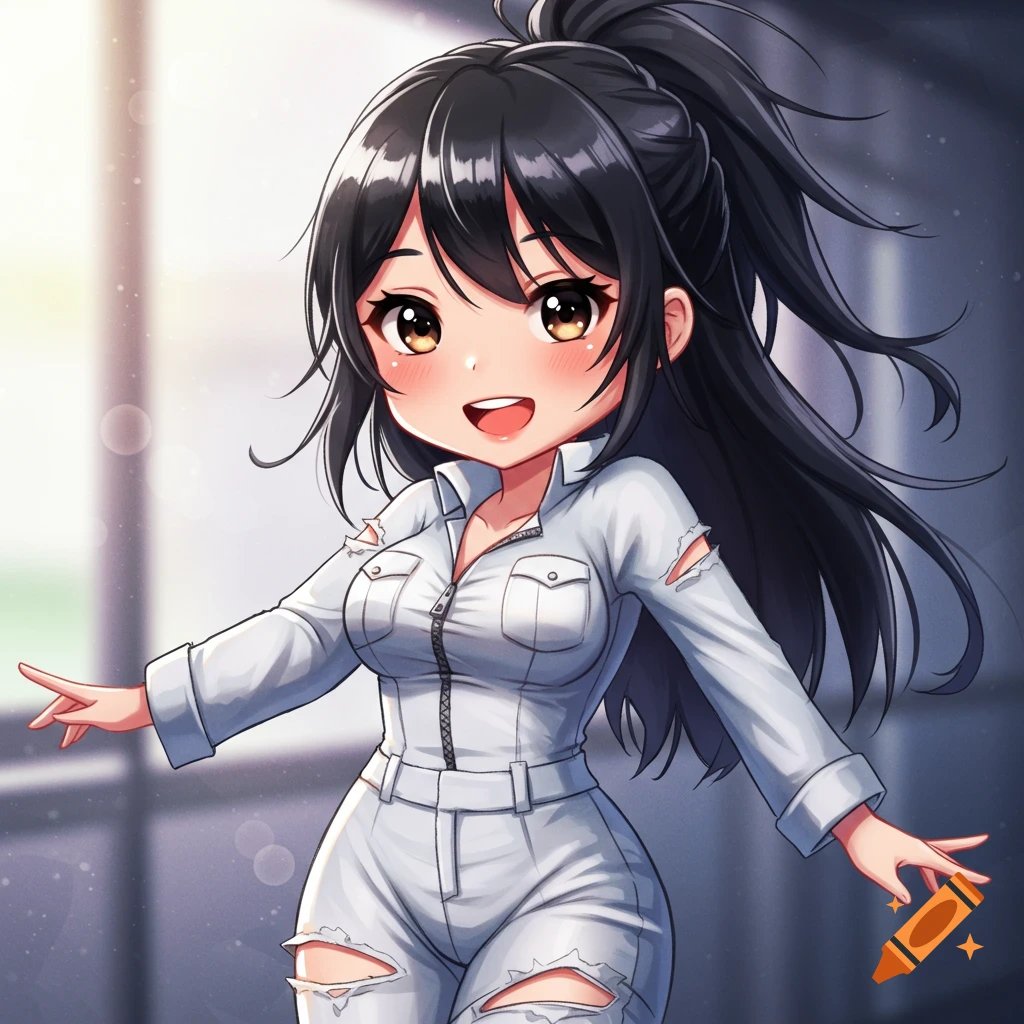 A cute anime woman with long black hair in a ponytail, smiling and blushing, wearing a ripped white jumpsuit.