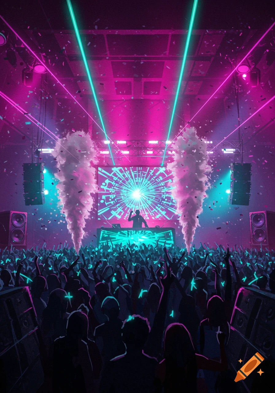 Digital art of a DJ performing at a vibrant EDM concert with a large crowd, pink and teal lasers, smoke, and confetti.