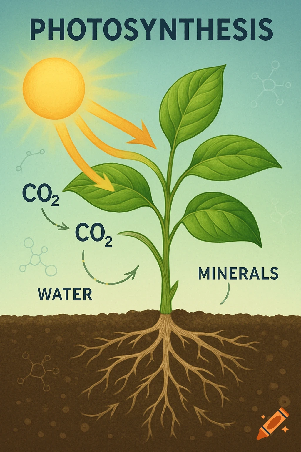A colorful educational diagram illustrating photosynthesis with a plant, sunlight, CO2, water, and minerals.