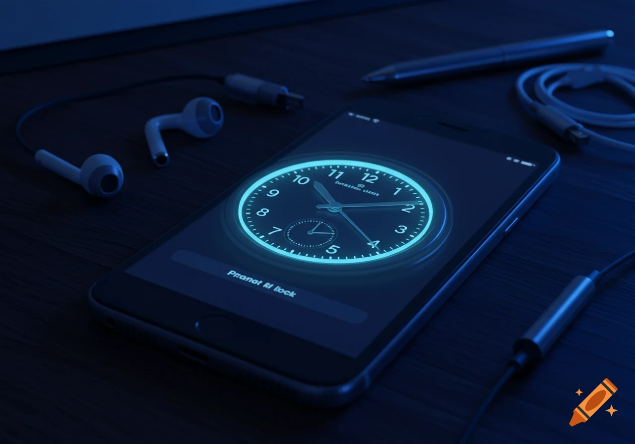 A smartphone displaying a glowing blue digital clock face on a dark wooden table, alongside white earbuds, a pen, and a charging cable.
