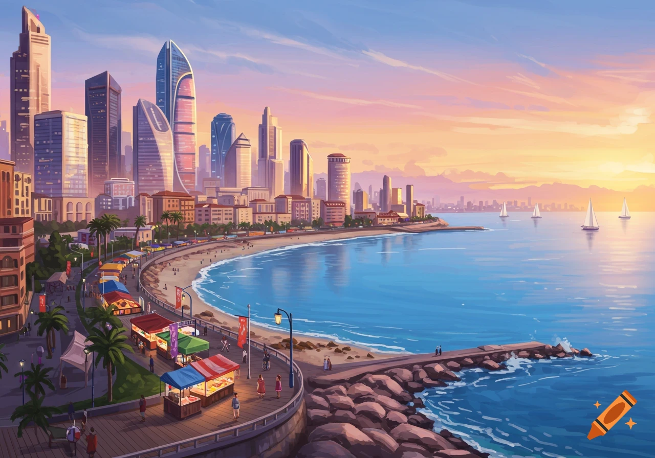 Vibrant illustrated cityscape at sunset, featuring modern buildings along a curved beach with market stalls and sailboats on the ocean.