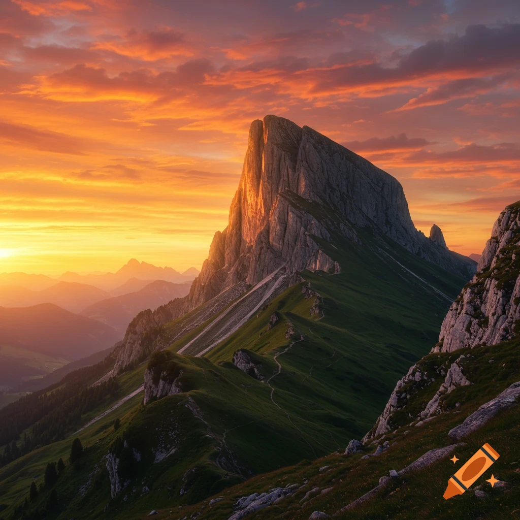 Photorealistic landscape of jagged mountain peaks glowing golden under a vibrant orange and yellow sunset sky.