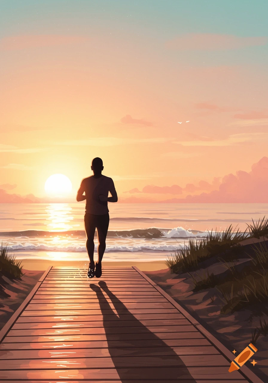 Stylized illustration of a person jogging on a wooden boardwalk towards a beach at sunset with waves crashing.