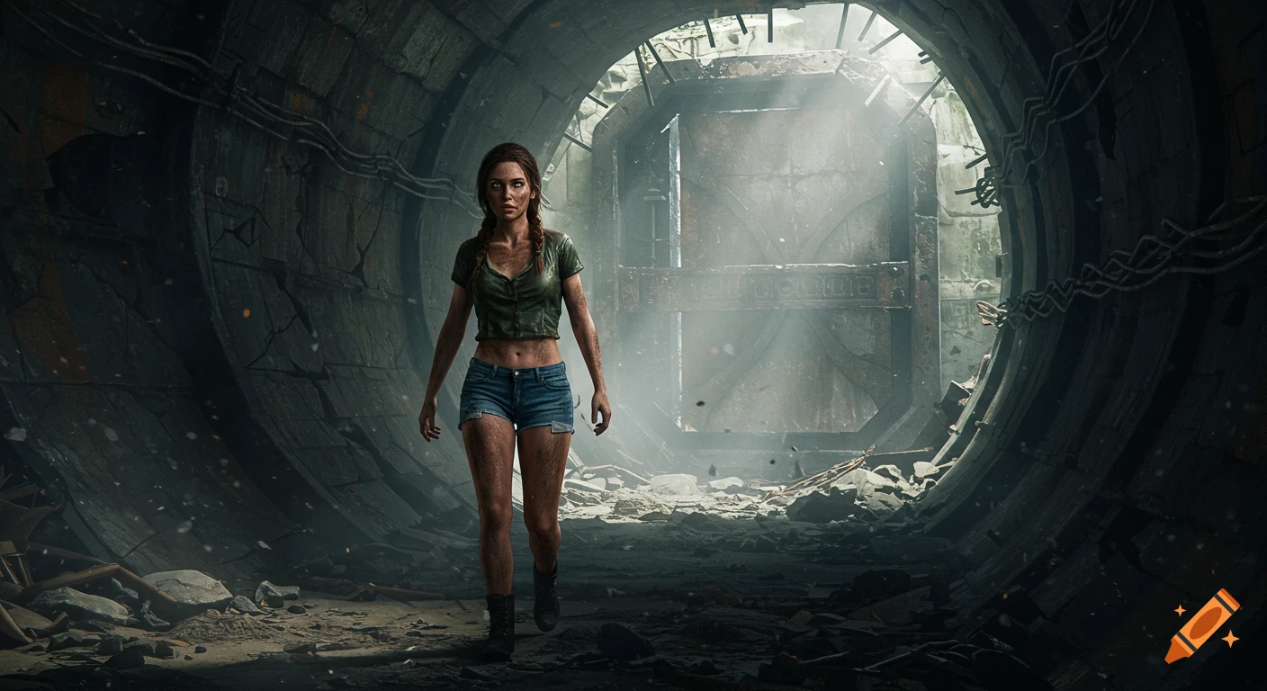 Photorealistic image of a dirty woman in a crop top and shorts walking through a collapsing tunnel towards a large sealed door.