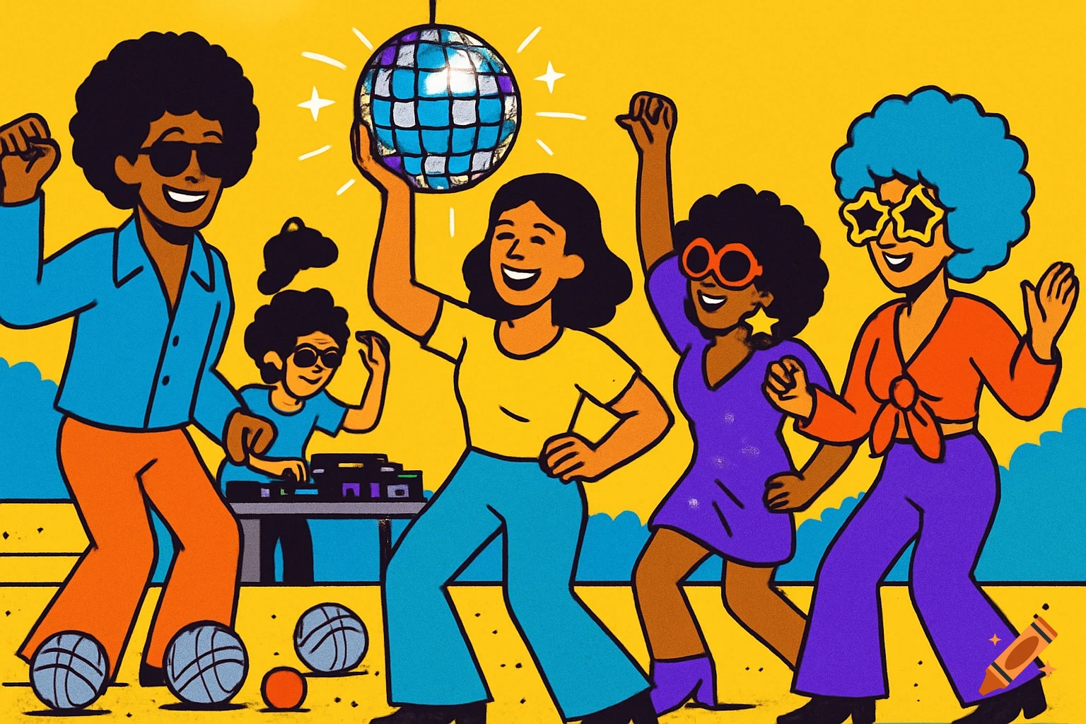 Retro-pop illustration of diverse people dancing at a 1970s disco party with a DJ, disco ball, and pétanque balls.