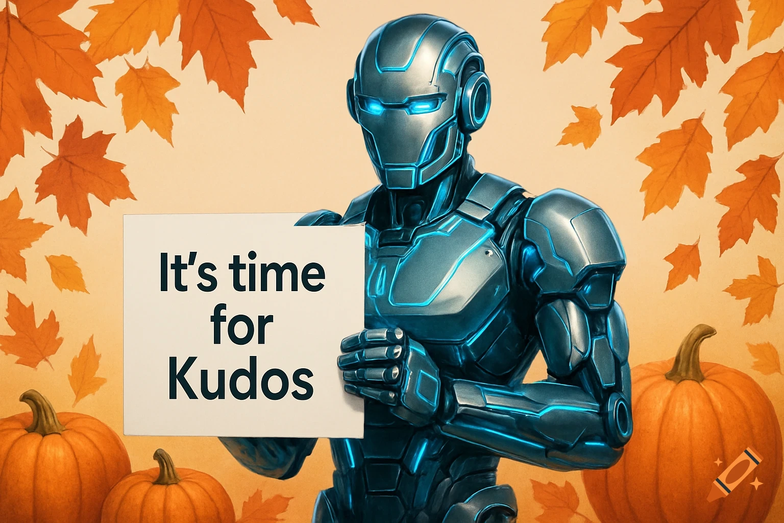 A tech-style robot holds a sign with 'It's time for Kudos' against an autumn background with leaves and pumpkins.