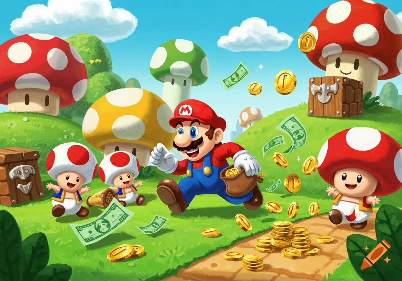 Cartoon Mario running through a vibrant mushroom kingdom landscape with Toads, collecting coins and money bills.