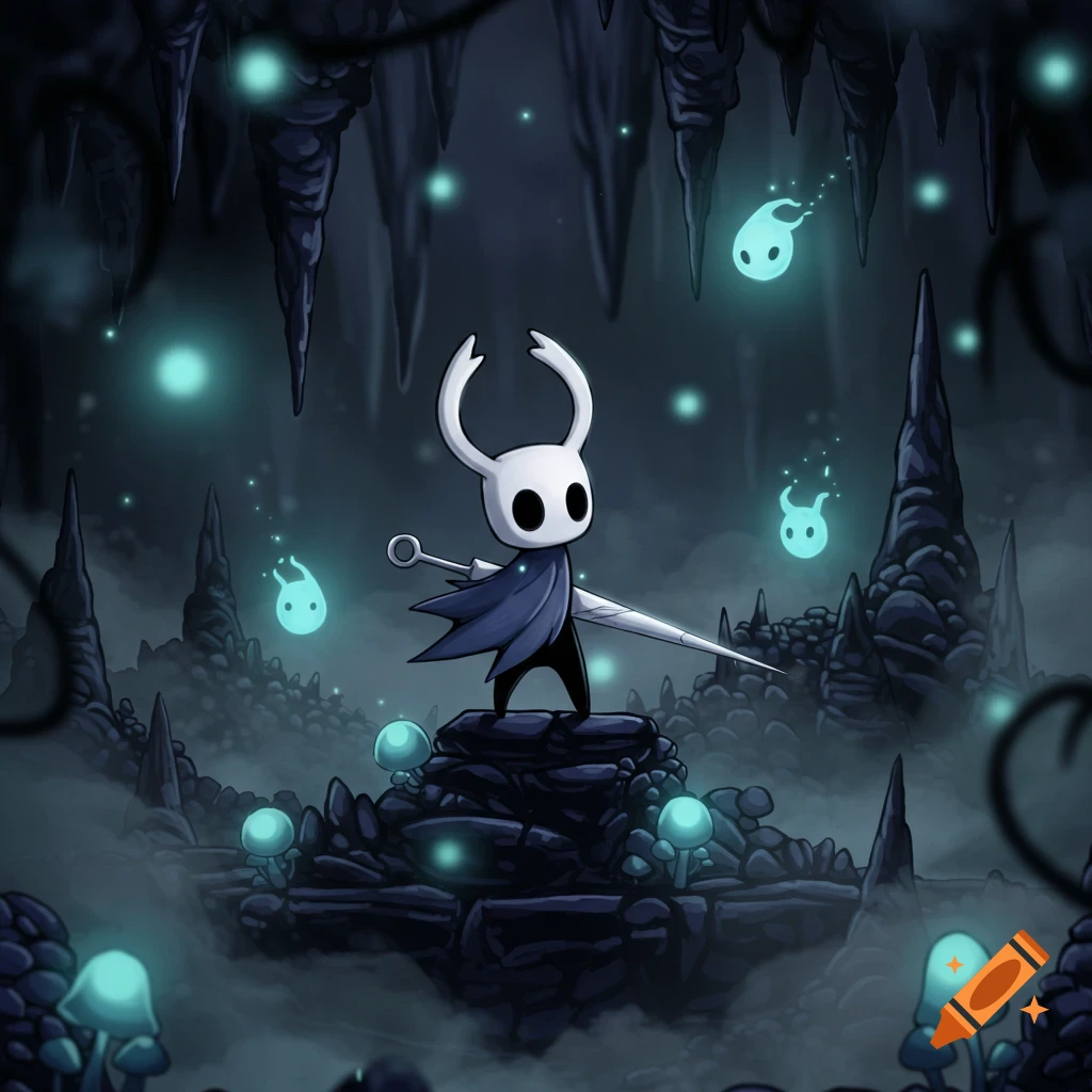 The Knight from Hollow Knight stands in a dark cave with glowing blue spirits and mushrooms, holding a nail.