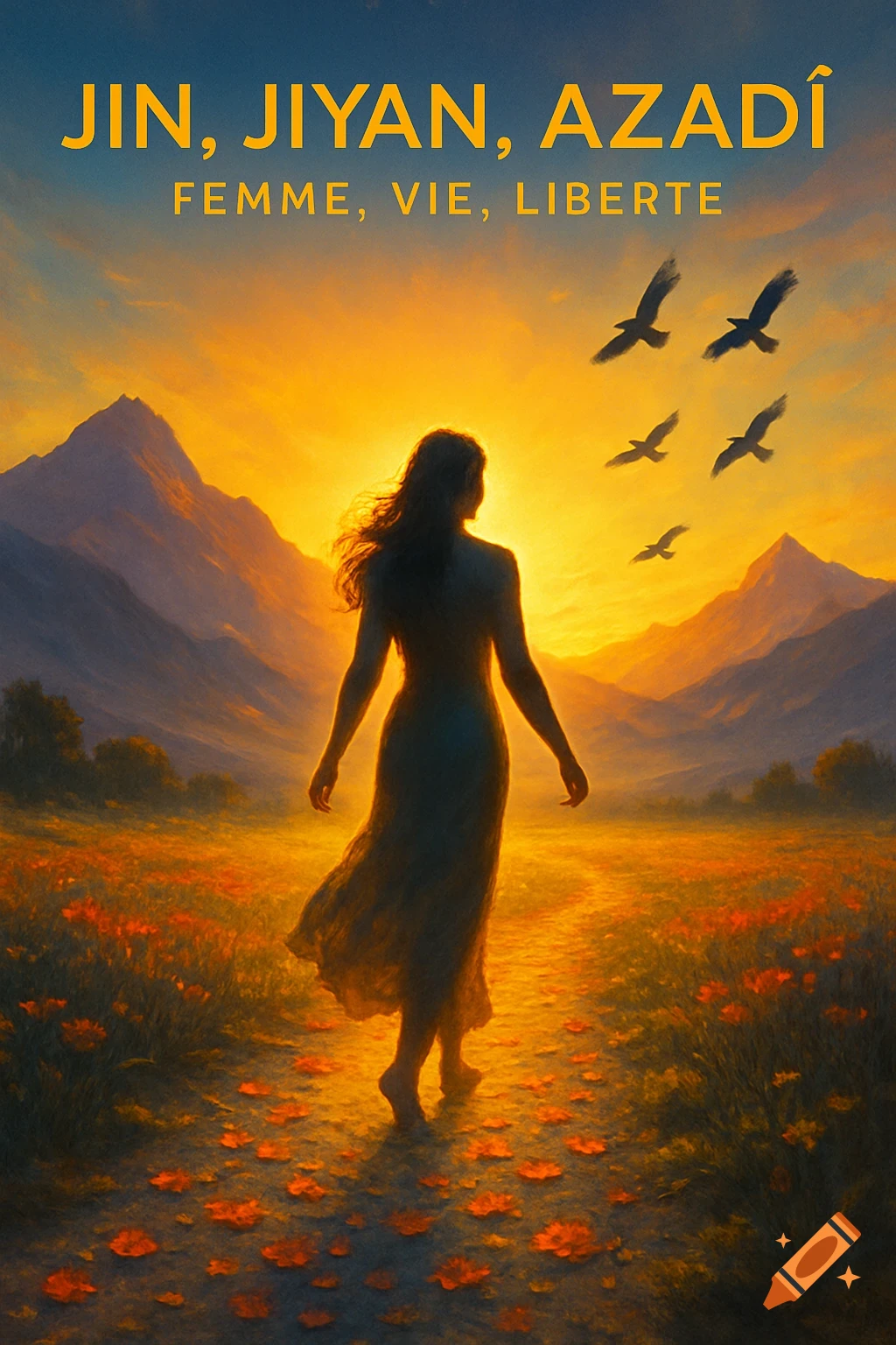 Silhouetted woman in a field of flowers walks towards a sunset. Birds fly above. Text: 'JIN, JIYAN, AZADÎ', 'FEMME, VIE, LIBERTE'.