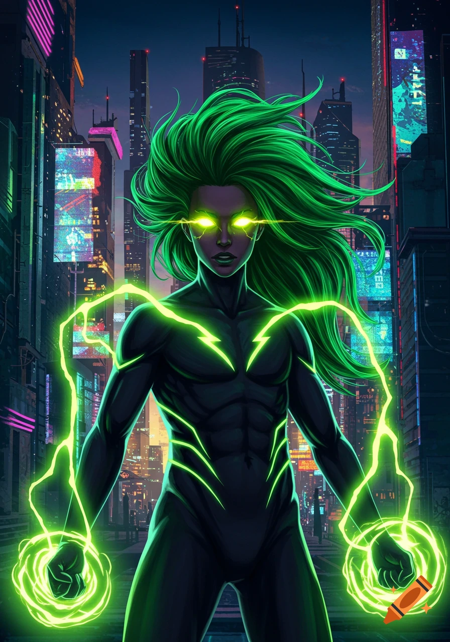 An illustration of a green-haired superhuman with glowing green eyes and energy powers, standing in a dark cyberpunk city.