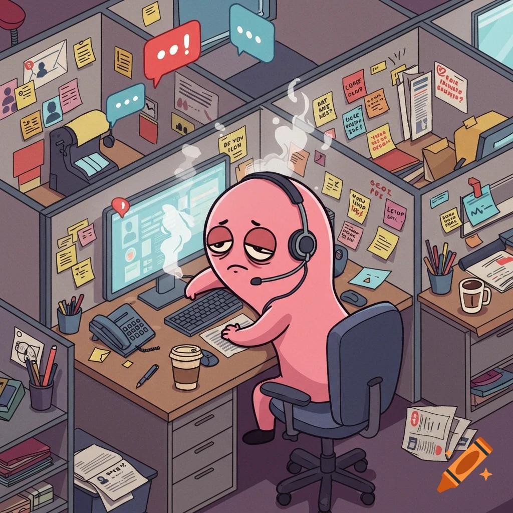 A tired, pink cartoon character with a headset works in a messy call center cubicle, depicting burnout.