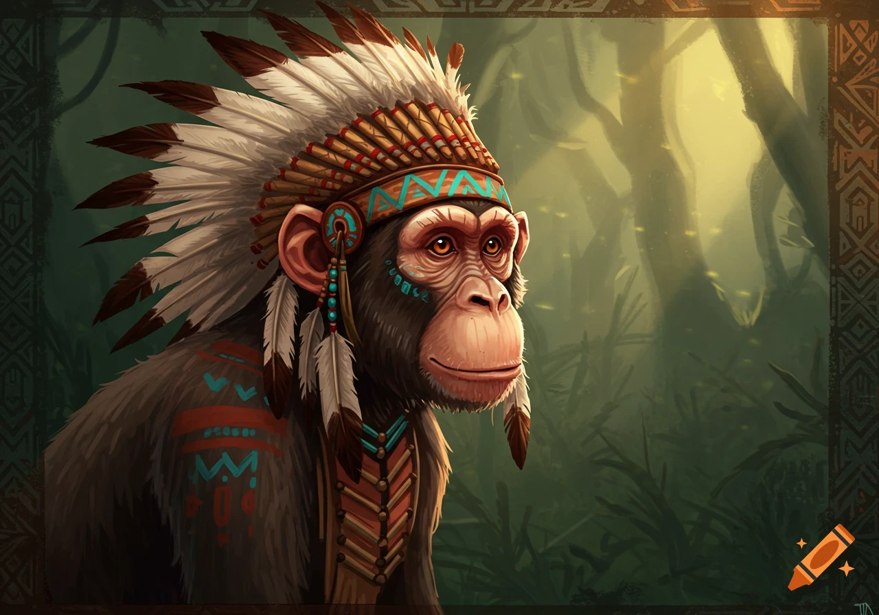 A digital painting of a chimpanzee wearing a feathered headdress, beaded necklace, and body paint in a jungle.