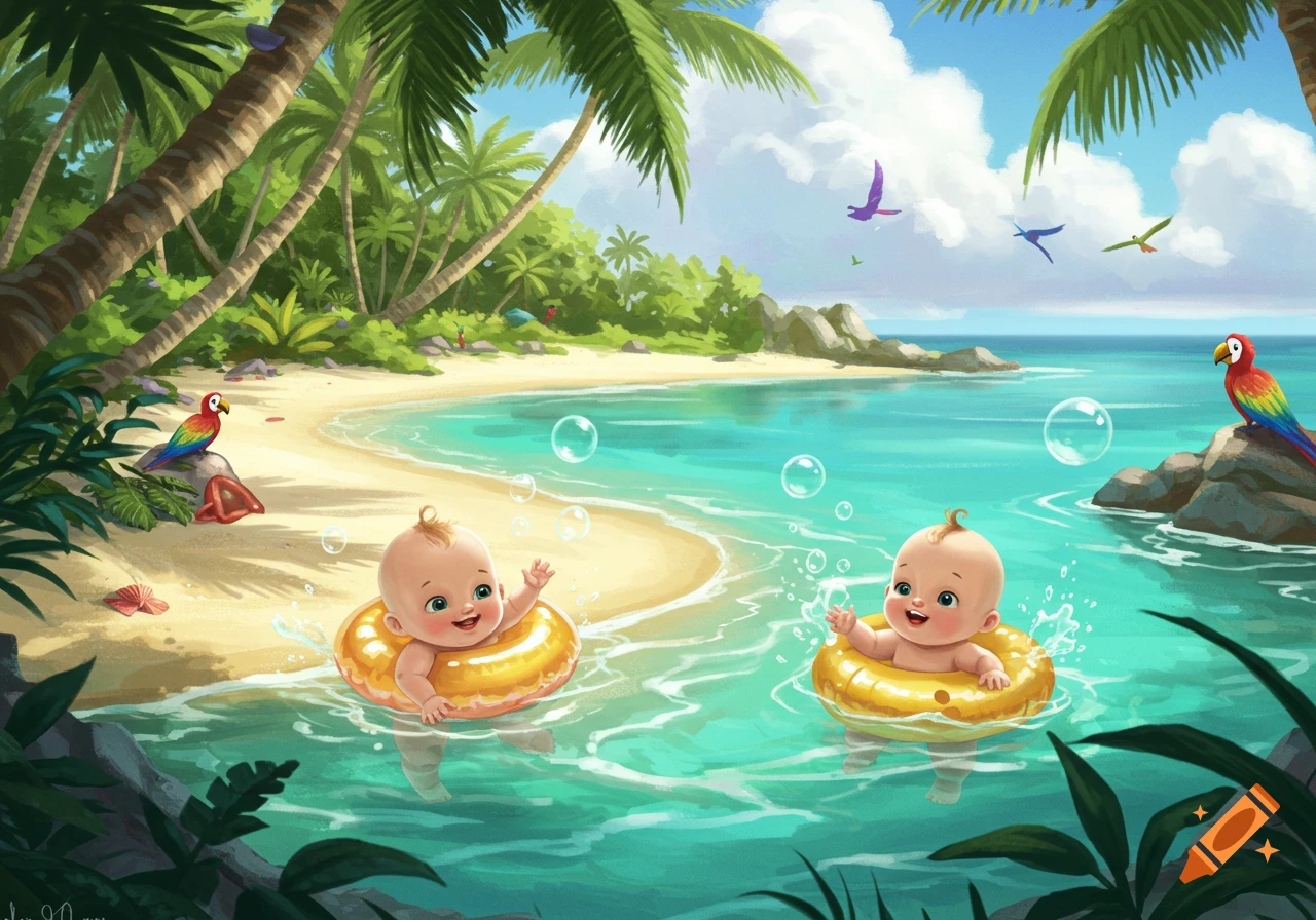 Two cheerful cartoon babies in yellow floaties swim in clear turquoise water at a tropical beach with palm trees and parrots.